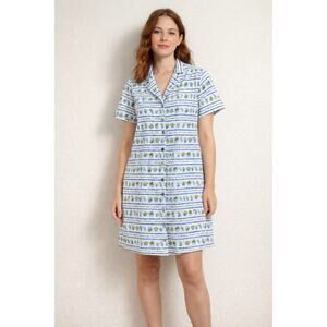 Novelty Garden Print Shirt Dress Button Front Cottagecore 100% Linen size Medium